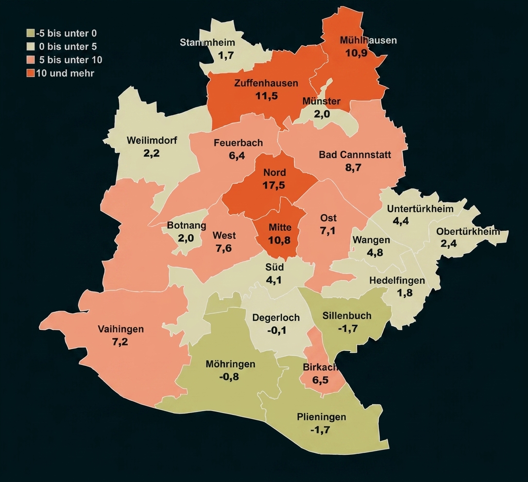 Karte von Stuttgart mit Stadtbezirken und farblich markierten Werten.
